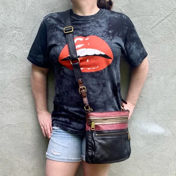 Vintage Fossil Black Burgundy Explorer Leather Patchwork Crossbody Bag - Picture 8 of 16